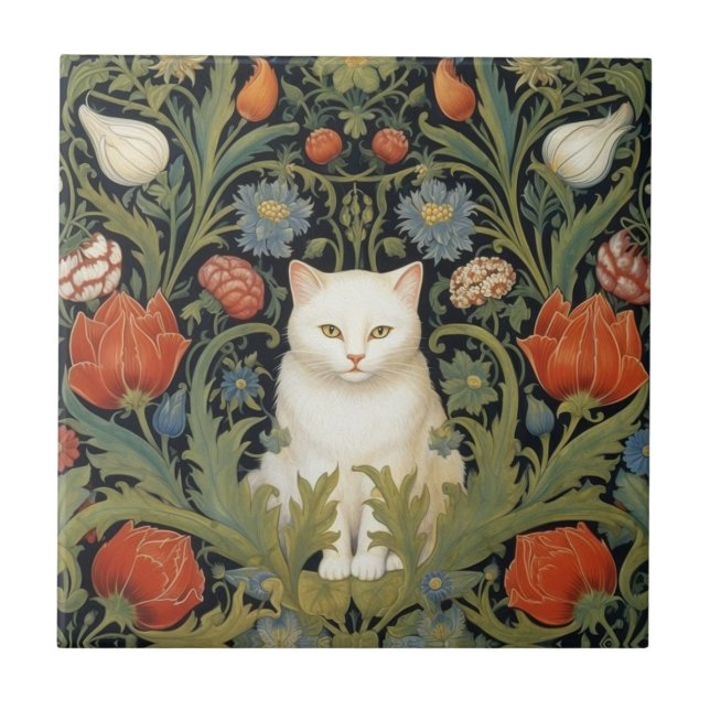 Art nouveau white cat in the garden tile (Front)