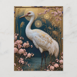 Art Nouveau White Crane Panel with Cherry Blossoms Postcard