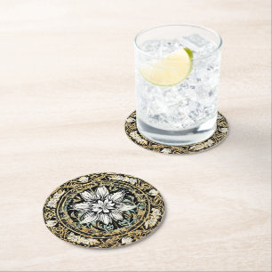 Art Nouveau White Floral Round Paper Coaster