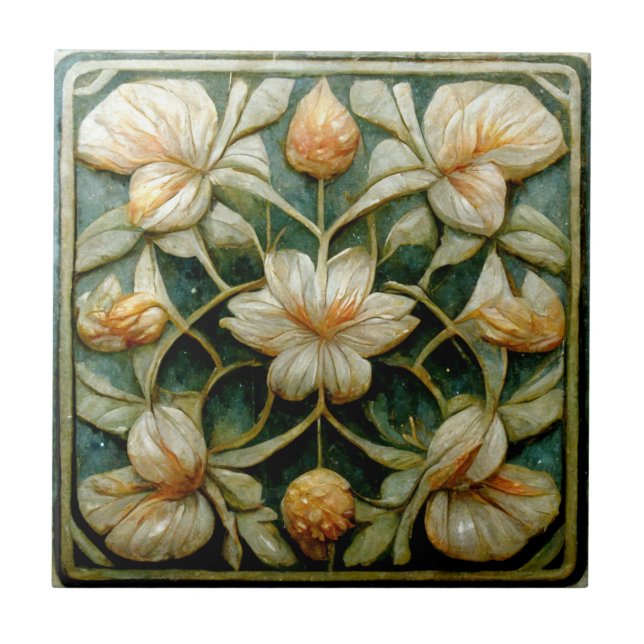 Art Nouveau White Flowers, French Blue Background Tile (Front)