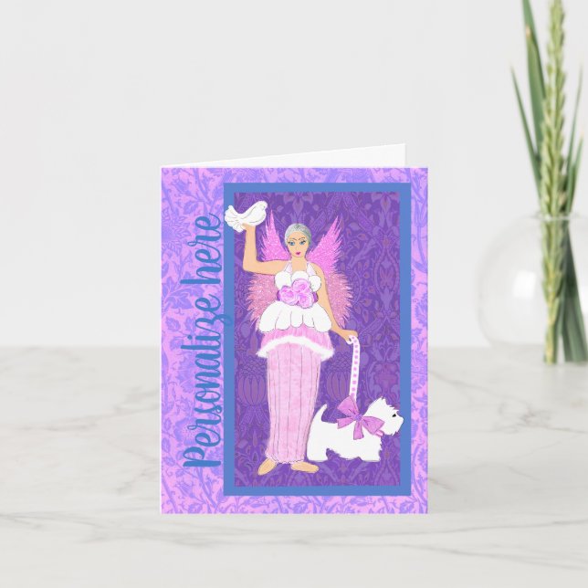 Art Nouveau White Westie Dog Pink Holiday Card (Front)