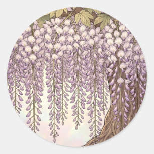 Art Nouveau Wisteria Floral Gold Frame Classic Round Sticker