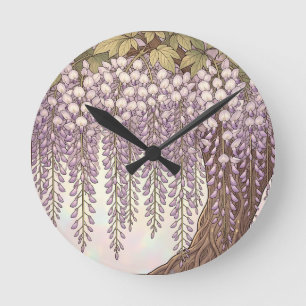 Art Nouveau Wisteria Floral Gold Frame Round Clock