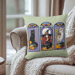 Art Nouveau Witch Owl Cat Halloween Cushion