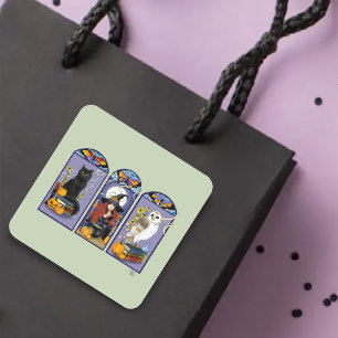 Art Nouveau Witch Owl Cat Halloween Square Sticker