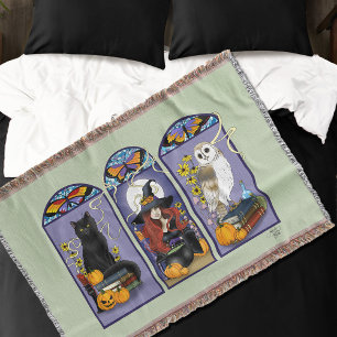 Art Nouveau Witch Owl Cat Pumpkin Throw Blanket