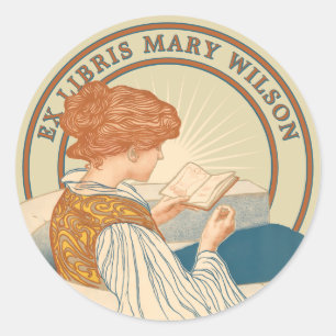 Art Nouveau Woman & Book 1900 Ex Libris Template Classic Round Sticker