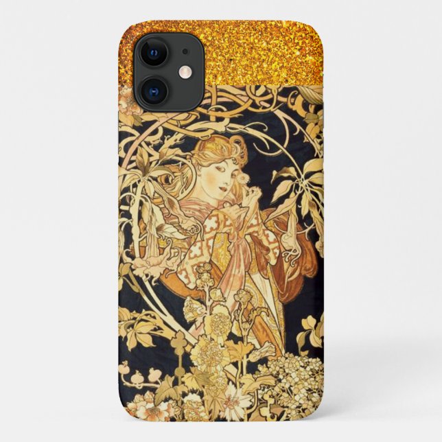 Art nouveau woman floral alphonse mucha black gold Case-Mate iPhone case (Back)