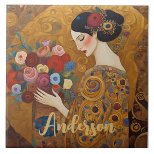 Art Nouveau Woman Floral Gold Tile