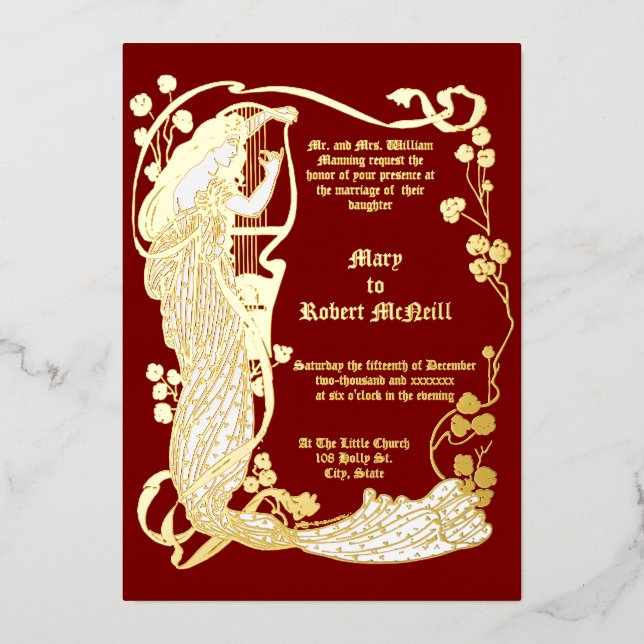 Art Nouveau Woman & Harp in Roses Wedding (Front)