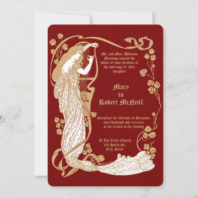 Art Nouveau Woman & Harp in Roses Wedding Invitation (Front)