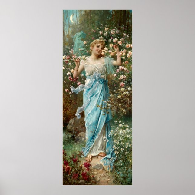 Art Nouveau Woman in Flowers Under a Crescent Moon Poster (Front)