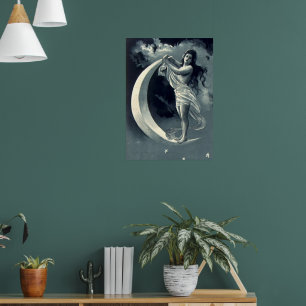 Art Nouveau Woman on Crescent Moon Poster
