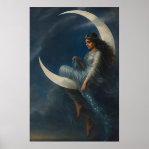 Art Nouveau Woman on Crescent Moon Poster