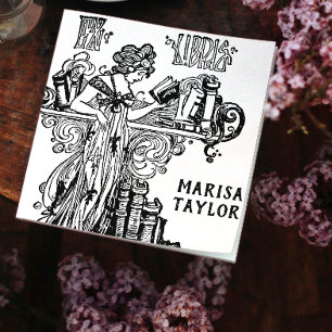 Art Nouveau woman Reading at bookshelves Self-inking Stamp