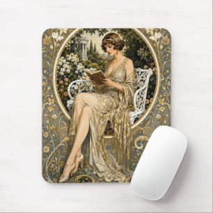 Art Nouveau Woman Reading in Garden Mouse Mat