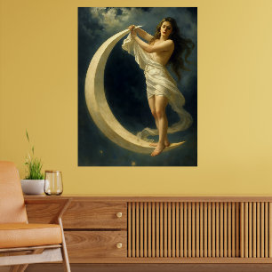 Art Nouveau Woman Riding On A Crescent Moon Poster