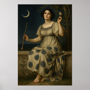 Art Nouveau Woman With Clarinet and Crescent Moon Poster