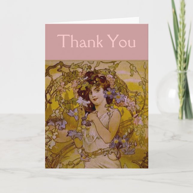 Art Nouveau Woman with Clematis Thank You Card (Front)