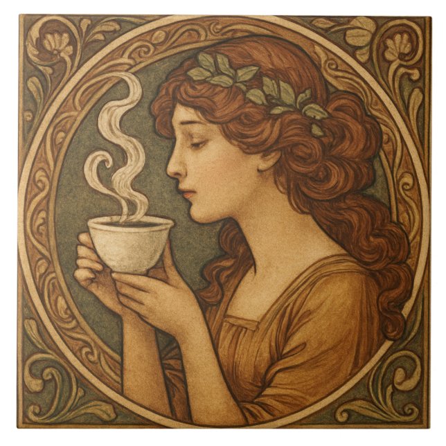 Art Nouveau Woman With Coffee Tile (Front)