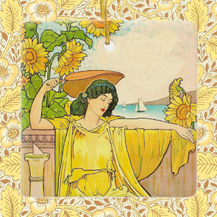 Art Nouveau Woman with Sunflowers  Ceramic Ornament