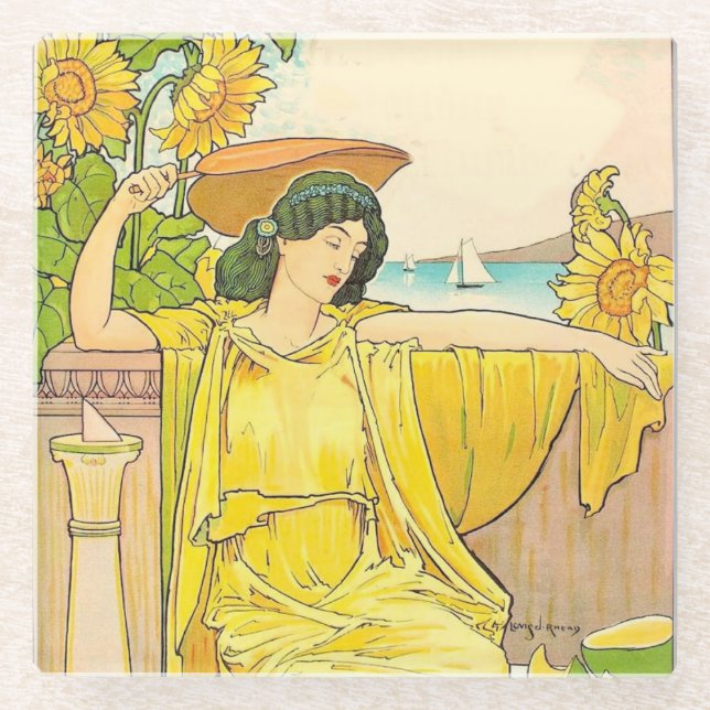 Art Nouveau Woman with Sunflowers     Glass Coaster (Front)