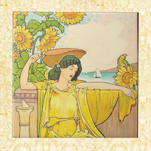Art Nouveau Woman with Sunflowers    Tile