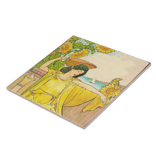 Art Nouveau Woman with Sunflowers    Tile