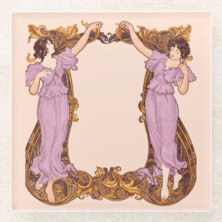 Art Nouveau Women Floral Frame Vintage Decorative  Glass Coaster