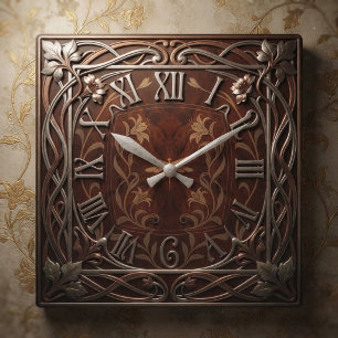 Art Nouveau Wood-Finished Silver Dragonfly Motif Square Wall Clock