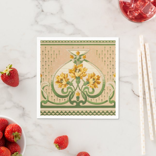 Art Nouveau Yellow Bouquets Medallion Drinks Napkin (Insitu)