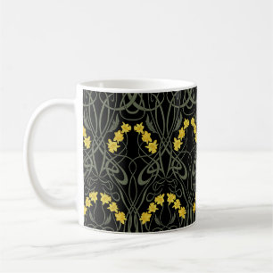 Art Nouveau Yellow Daffodils and Stems Black Coffee Mug
