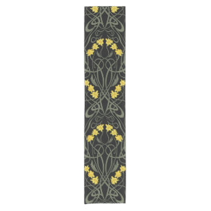 Art Nouveau Yellow Daffodils and Stems Black Short Table Runner