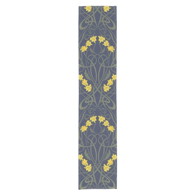 Art Nouveau Yellow Daffodils and Stems Blue Short Table Runner (Front)