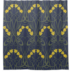 Art Nouveau Yellow Daffodils and Stems Blue Shower Curtain