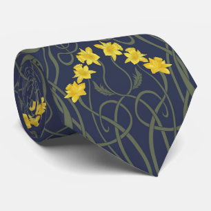 Art Nouveau Yellow Daffodils and Stems Blue Tie