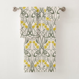 Art Nouveau Yellow Daffodils and Stems Cream Bath Towel Set