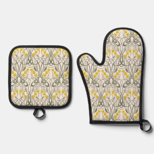 Art Nouveau Yellow Daffodils and Stems Cream Oven Mitt & Pot Holder Set