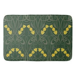 Art Nouveau Yellow Daffodils and Stems Green Bath Mat