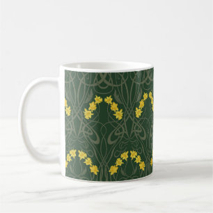 Art Nouveau Yellow Daffodils and Stems Green Coffee Mug