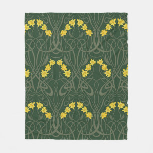 Art Nouveau Yellow Daffodils and Stems Green Fleece Blanket