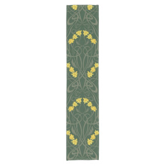 Art Nouveau Yellow Daffodils and Stems Green Short Table Runner