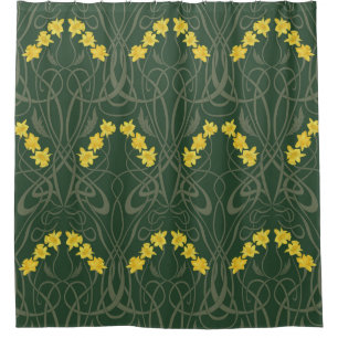 Art Nouveau Yellow Daffodils and Stems Green Shower Curtain
