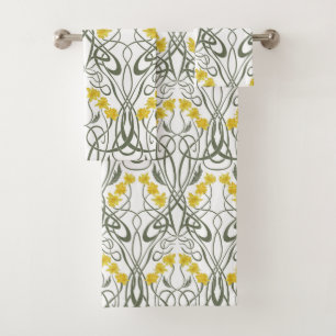 Art Nouveau Yellow Daffodils and Stems White Bath Towel Set