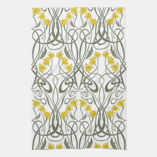 Art Nouveau Yellow Daffodils and Stems White Tea Towel