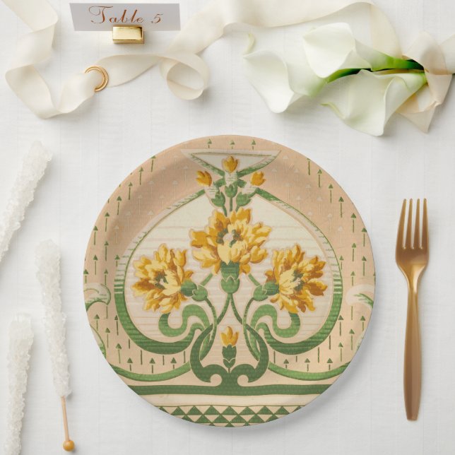 Art Nouveau Yellow Flower Bouquets Medallion Paper Plate (Wedding)