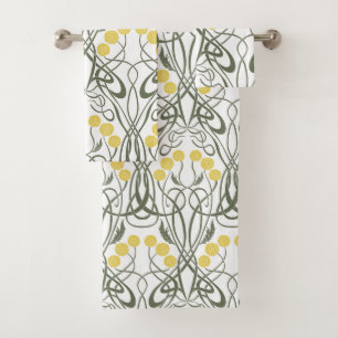Art Nouveau Yellow Roses and Sinuous Stems Bath Towel Set