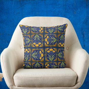 Art Nouveau Yellow Tulip n Royal Blue Tile Pattern Cushion