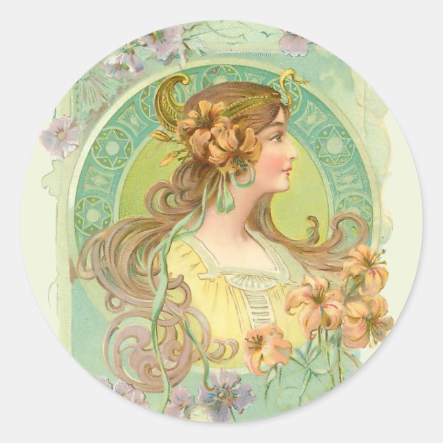 Art Nouveau Young Woman Girl with Stars Flowers Classic Round Sticker (Front)