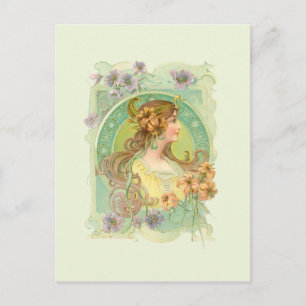 Art Nouveau Young Woman Girl with Stars Flowers Postcard